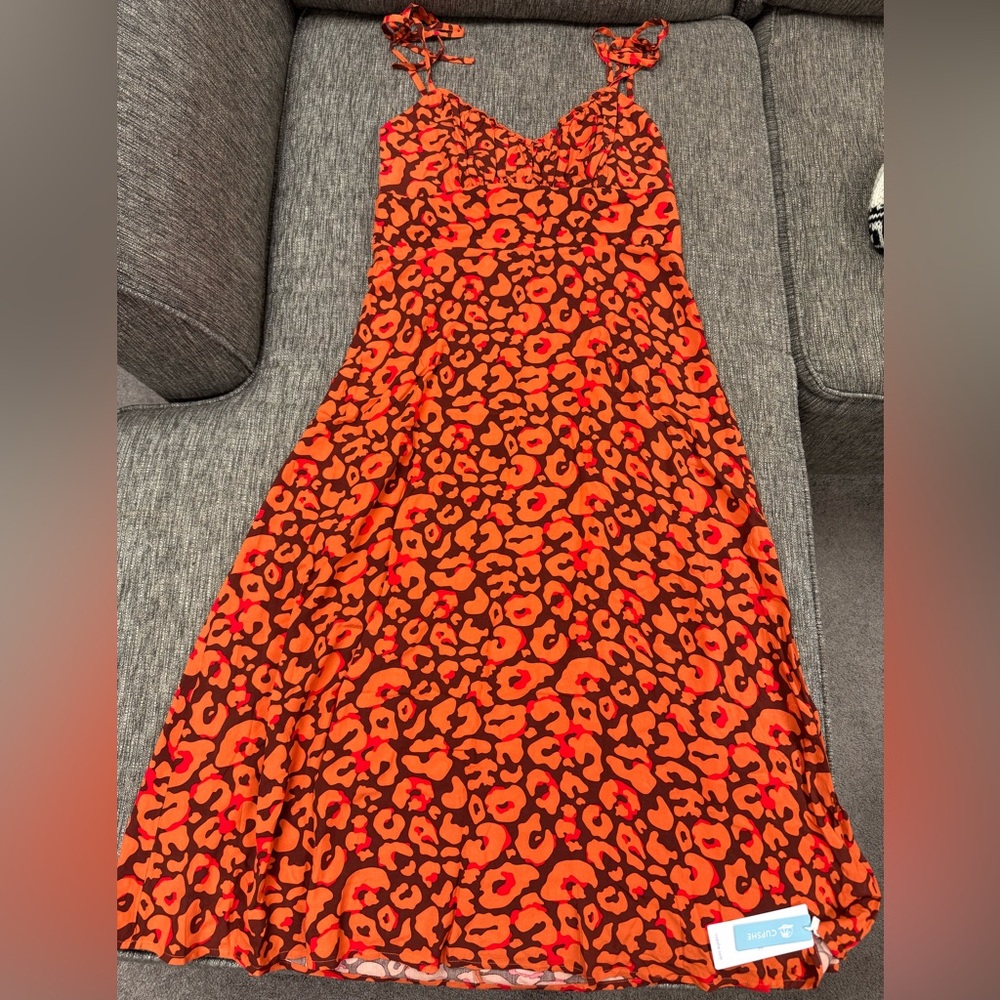 Cupshe Orange and Brown Leopard Print Adjustable Strap Mid Length Dress Size L